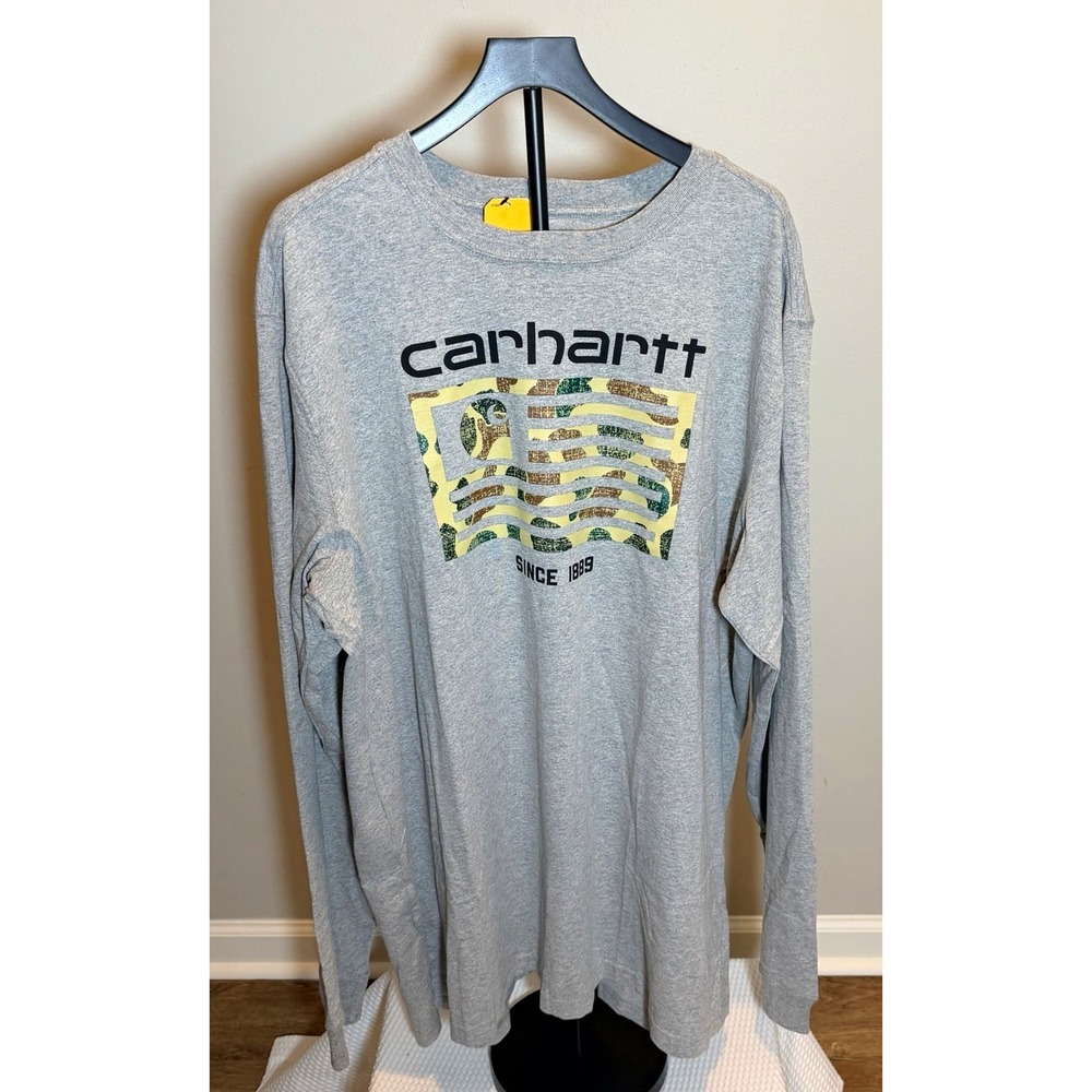 Carhartt Men Relaxed Fit Long Sleeve Camo Flag Tee 2XL Tall Gray TK5429-M